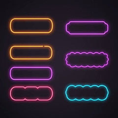 Set of vibrant neon light frames in various shapes and colors against a dark background.
