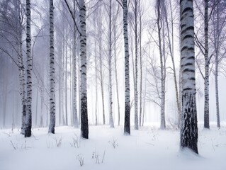Misty winter landscape featuring a serene birch tree forest in snow