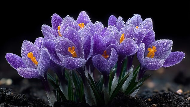 A cluster of purple crocuses with dewdrops on their petals, growing in the ground against a dark