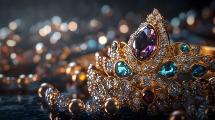 Regal Adornment: A close-up shot showcases a stunning, bejeweled crown. Dazzling with intricate details and radiant gemstones, a symbol of royalty and power.