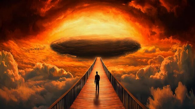 Journey's End Figure on a bridge leading to a swirling orange vortex in the sky, surrounded by clouds