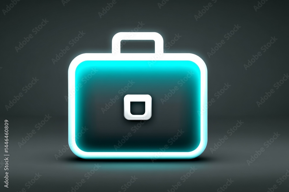 Poster neon glowing briefcase icon with simple minimalist design on dark background