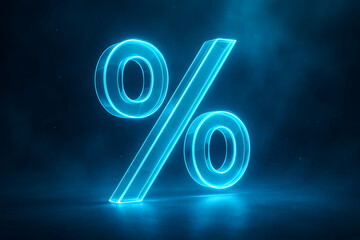 Glowing neon percentage symbol on dark blue smoky background