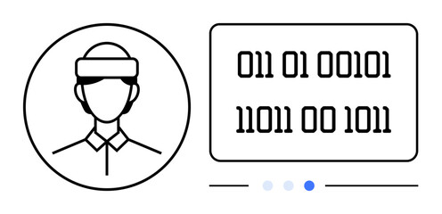 Minimalist design of a person wearing a VR headset alongside binary code. Ideal for virtual reality, technology, innovation, digital transformation, coding, data science, futuristic concepts, simple