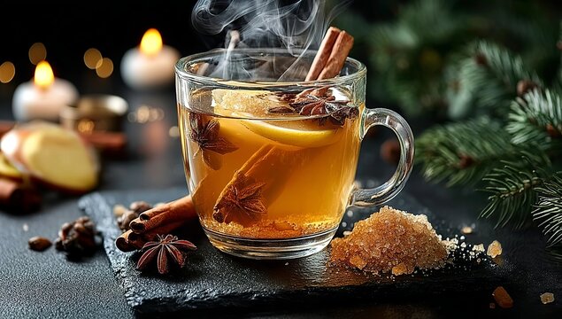 A glass mug of hot apple cider is surrounded by cinnamon sticks, star anise, and honey, with smoke