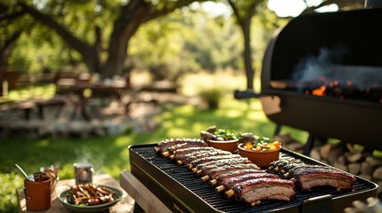 Outdoor barbecue scene with ribs and vegetables.