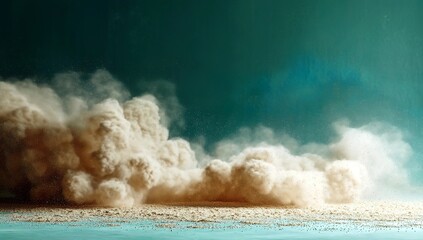 A large cloud of sand and dust blowing across the floor, teal background, low angle, close-up,
