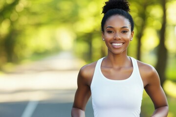 Fototapeta premium Woman is smiling and wearing a white tank top while walking down a street