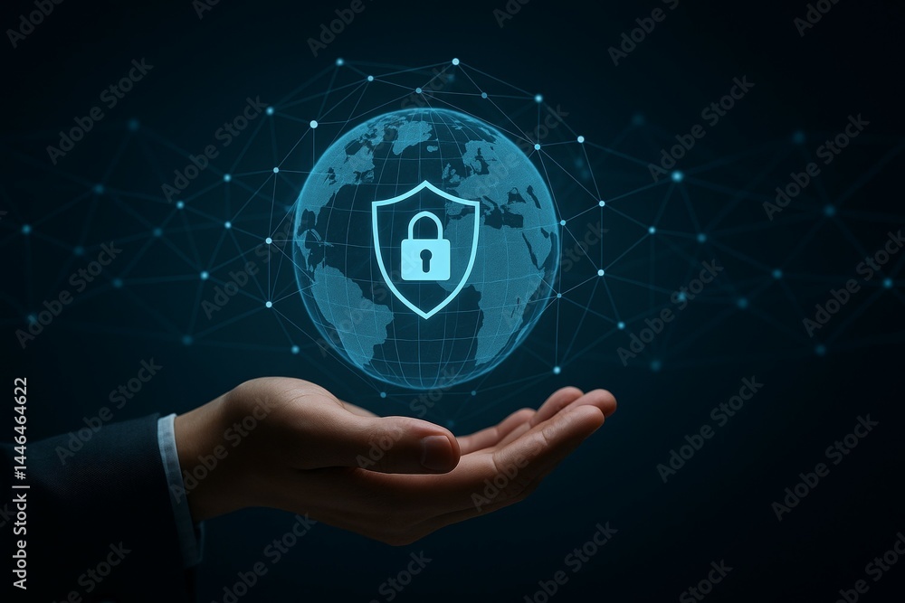 Poster secure global network concept with hand supporting earth and digital lock symbol
