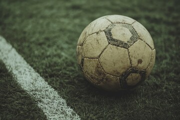Fototapeta premium Dirty Soccer Ball on Grass