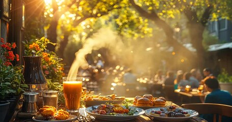 A vibrant outdoor café scene at sunset featuring delicious food and steaming drinks, with patrons enjoying