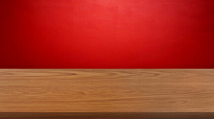 Empty wooden table on red wall background.