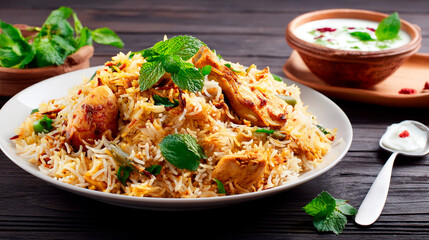 Delicious chicken and rice dish plated with mint on wooden table backdrop
