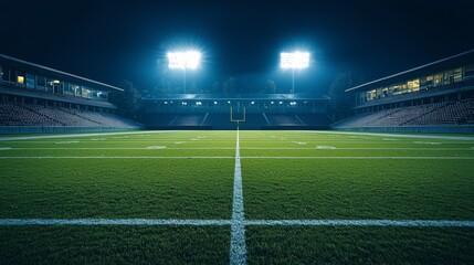 Night Football Stadium: A Majestic View of an Empty Field Under the Lights
