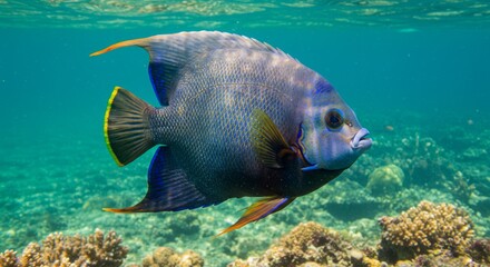 Obraz premium Semicircle Angelfish Swimming Near Coral Reef Undersea in Natural Habitat