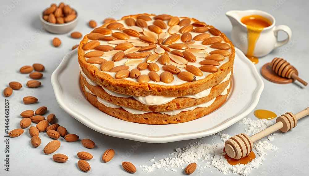 Poster multi layered almond cake with honey drizzle displayed on white plate featuring scattered almonds in