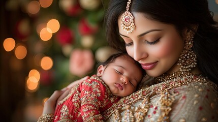 Loving mother cradles newborn