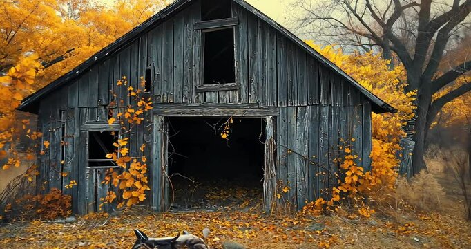 Abandoned rustic barn surrounded by vibrant autumn foliage in a serene countryside setting