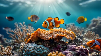 Fototapeta premium Vibrant coral reef with clownfish