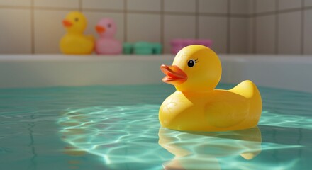 Yellow Rubber Duck Floating in a Bathtub with Water Reflections