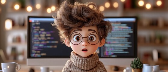 Cartoon man stares, eyes wide, behind a computer displaying code in a warm room
