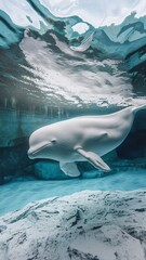 Naklejka premium Mysterious marine scene of white dolphins swimming in transparent water under ice