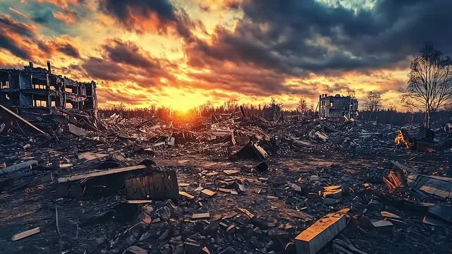 Dramatic Sunset Over War Torn City Ruins Showing Destruction and Debris
