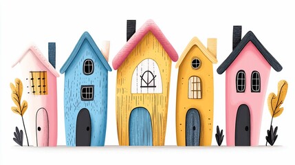 Cartoonish line of charming, colorful houses stand side-by-side against a white backdrop