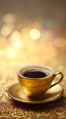 Fototapeta premium Elegant golden coffee cup exudes refinement against a softly blurred background suggesting luxury and quiet indulgence.