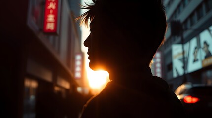 Silhouetted person at sunset, urban background, warm colors, contemplative mood, realistic photo.