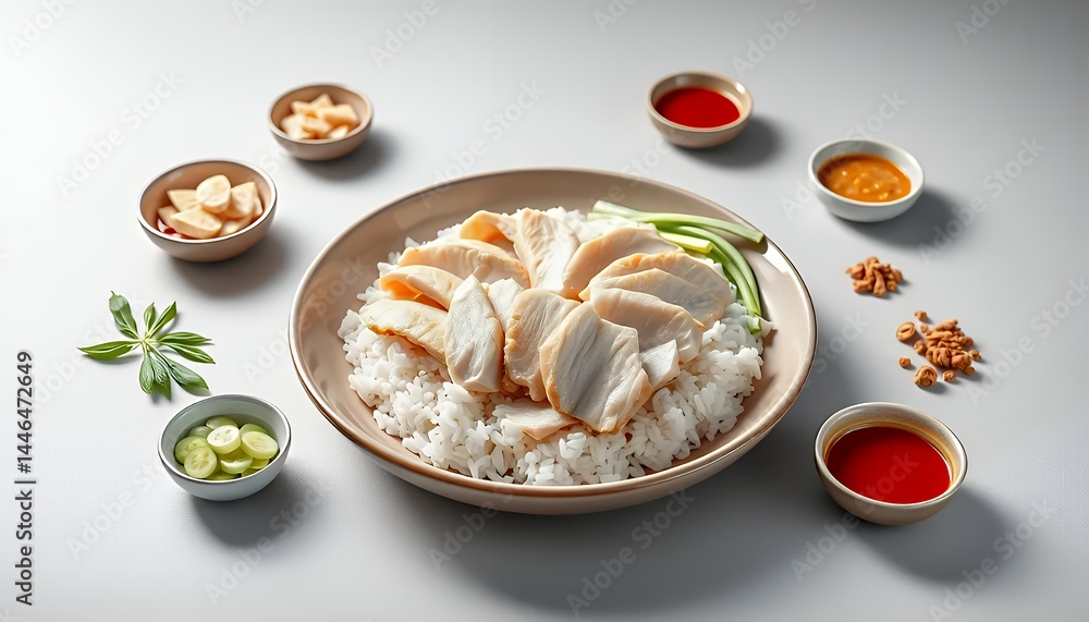 Poster overhead view of rice topped with sliced pork surrounded by sauces and pickles on white surface in b