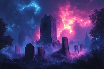 Night Cemetery Tower, Mystical Sky, Fantasy Artwork