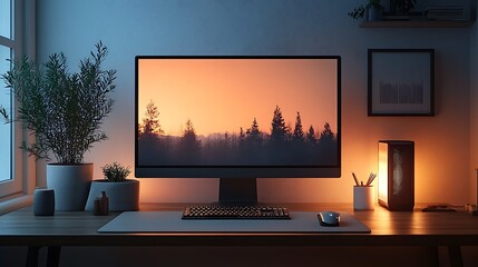 Professional minimalist desk setup with gaming computer and plants high resolution image