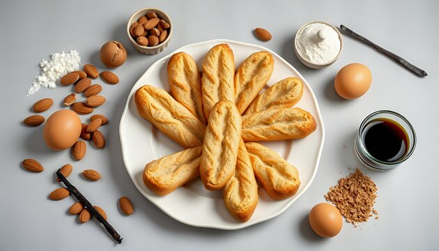 Overhead View Torcetti Biscuits on White Plate Surrounded by Almonds Eggs and Flour on Light Gray Surface Perfect for Baking Recipe and Culinary Blog