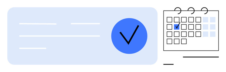Blue check symbol on document and marked calendar date. Ideal for productivity, scheduling, planning, organization, success, deadlines, time management. Clean flat simple metaphor