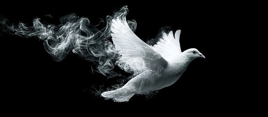 A white dove made of smoke, flying against a black background. A concept of peace.