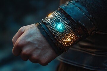 Intricate Glowing Rune Bracelet Fantasy Design Powerful Ancient Magical Wristband Mysterious Dark Leather Cuff Powerful Warrior Accessory  Dark Fantasy Game Art arm gold hand blue 