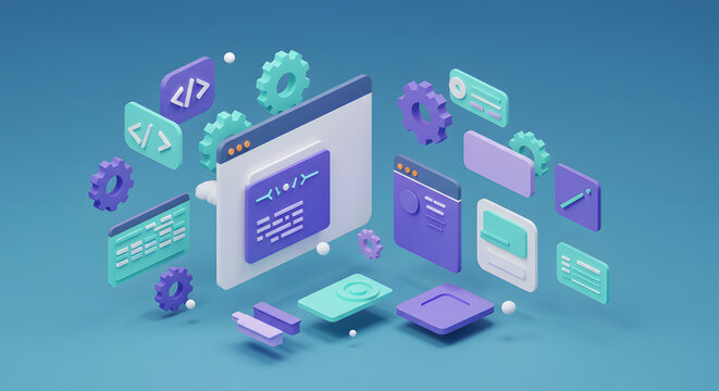 Isometric Web Development: Code, UI Elements & Security Icons