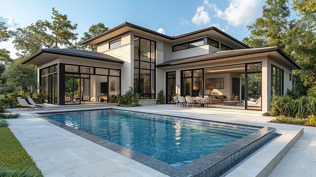 Modern luxury home with pool.  Spacious, contemporary residence with outdoor living