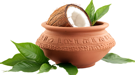 A traditional clay pot with coconut and green leaves on a transparent background, a PNG file of an Indian kauri flower or pichkari in an earthen bowl decorated with leaves