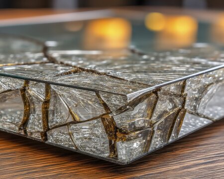 Close-up of a cracked laptop screen, reflecting a dark, blurry background - detail reflection background ultrabook