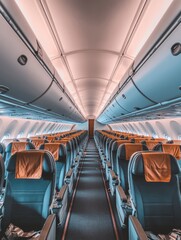 Empty Airplane Cabin Interior: Aisle View of Seats