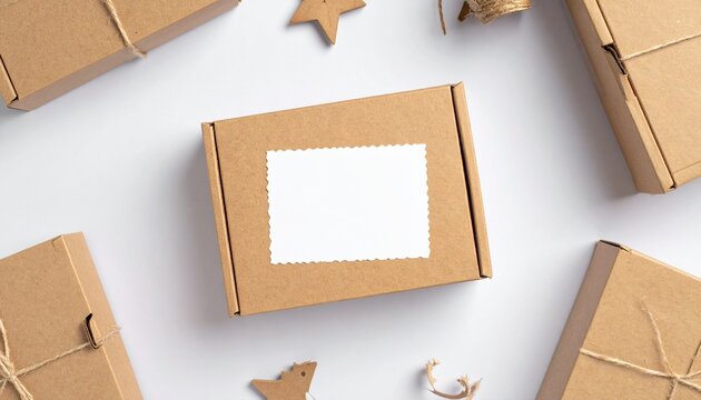 The gift box is in natural kraft paper and has a blank white label placed on a textured light surface. Suitable for eco-friendly packaging, branding mockups.