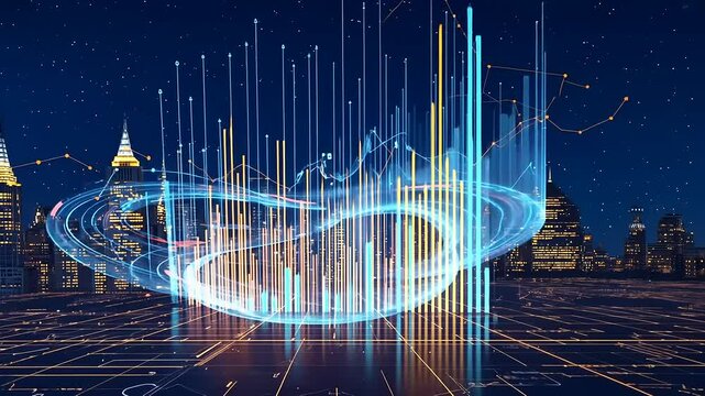 Futuristic city skyline with data visualization overlay, blending technology and urban life at night