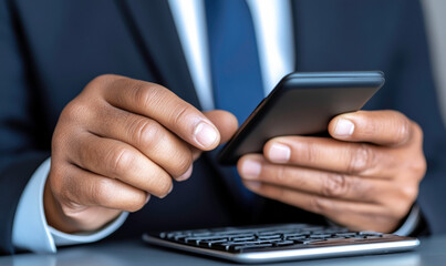 Business professional using smartphone while calculating financial data with calculator for efficient productivity in modern workplace environment