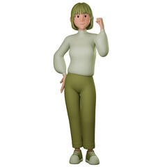 3D Render of a casual young woman in green outfit. Showing strong sign with right hand. advertising, presentations, UIUX design, promotional materials.