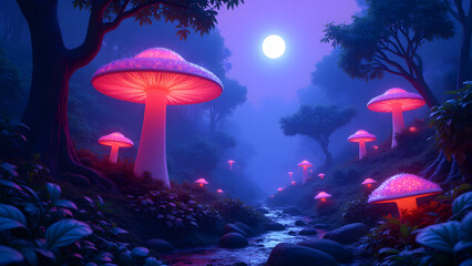 An alien jungle glowing with bioluminescent plants, giant mushrooms, and eerie violet skies. Strange insect sounds and sweet scents fill the air, creating a surreal paradise.