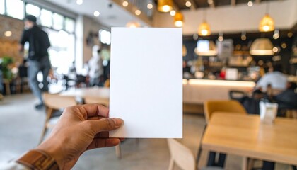 A hand holds a blank white rectangular sheet of paper vertically in a blurred cafe indoor setting.