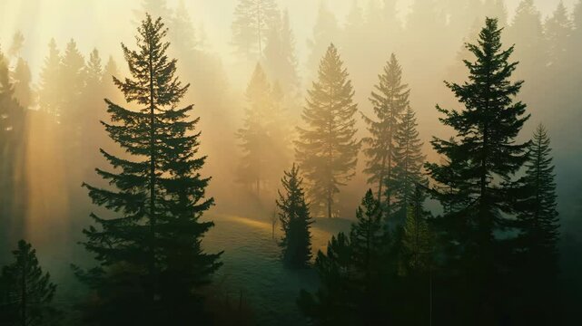 Dense pine forest with golden sunlight