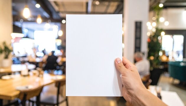 A hand holds a blank white rectangular sheet of paper vertically in a blurred cafe indoor setting.